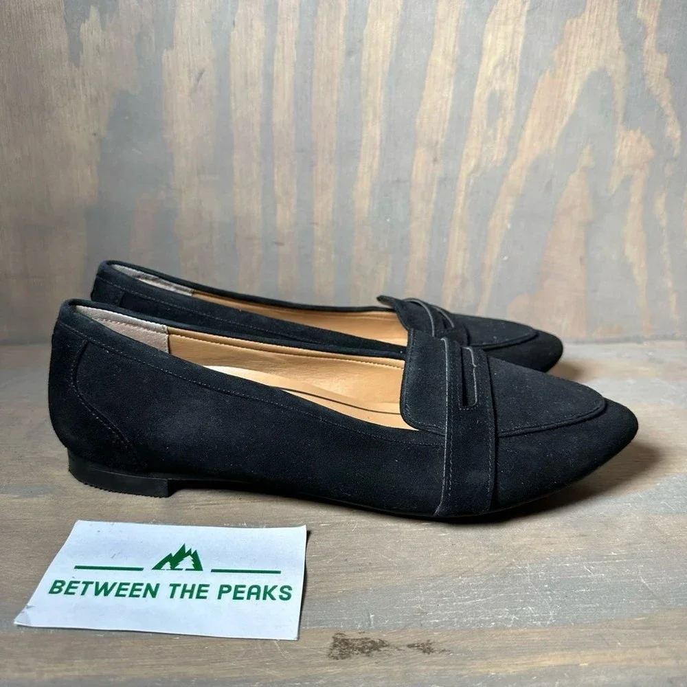 Vionic Womens Savannah Suede Loafer Flat Shoes Black Slip On Moc Toe Pointed 7.5